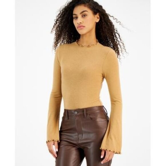 just polly Tops - Just Polly Juniors' Long Bell-Sleeve Ribbed Bodysuit - Camel Tan, Size M, New